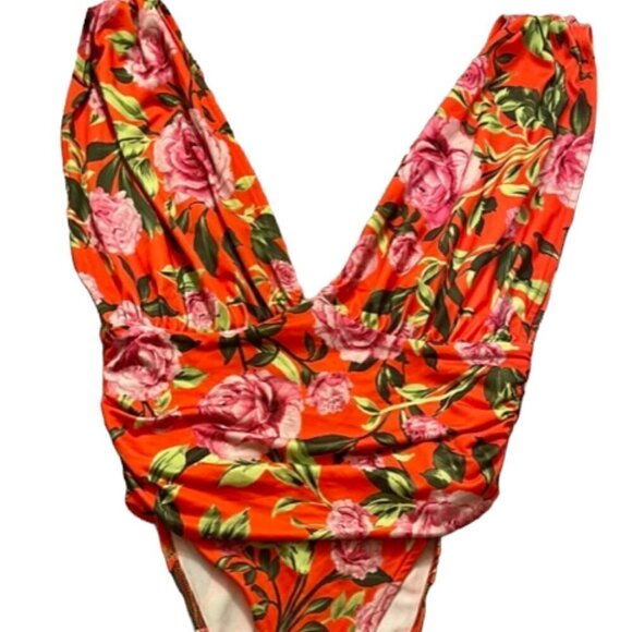 Zara NWT Orange Floral Stretch Deep V Neck Sleeveless Draped Bodysuit Medium - Picture 5 of 16